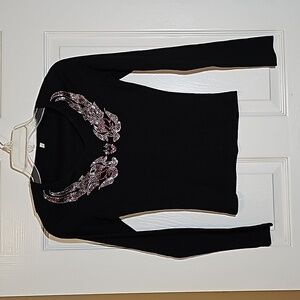 Grunge y2k Black V-neck Long Sleeve Ribbed Rhinestone Top Size L